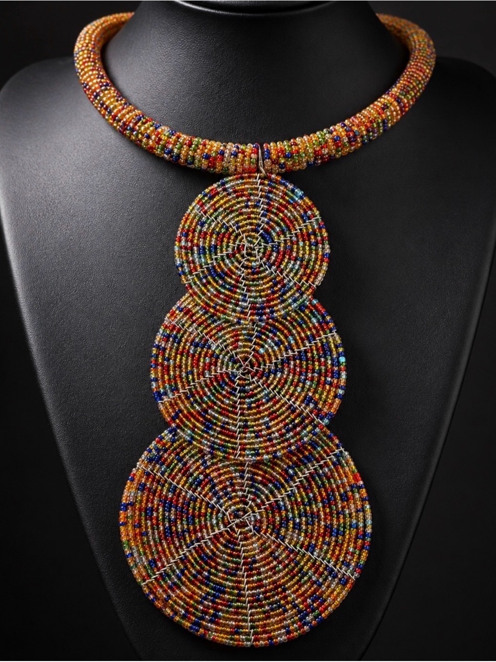 Handmad Multicolor Seed Bead Statement Necklace Triple Disc Pendant Artisan Boho